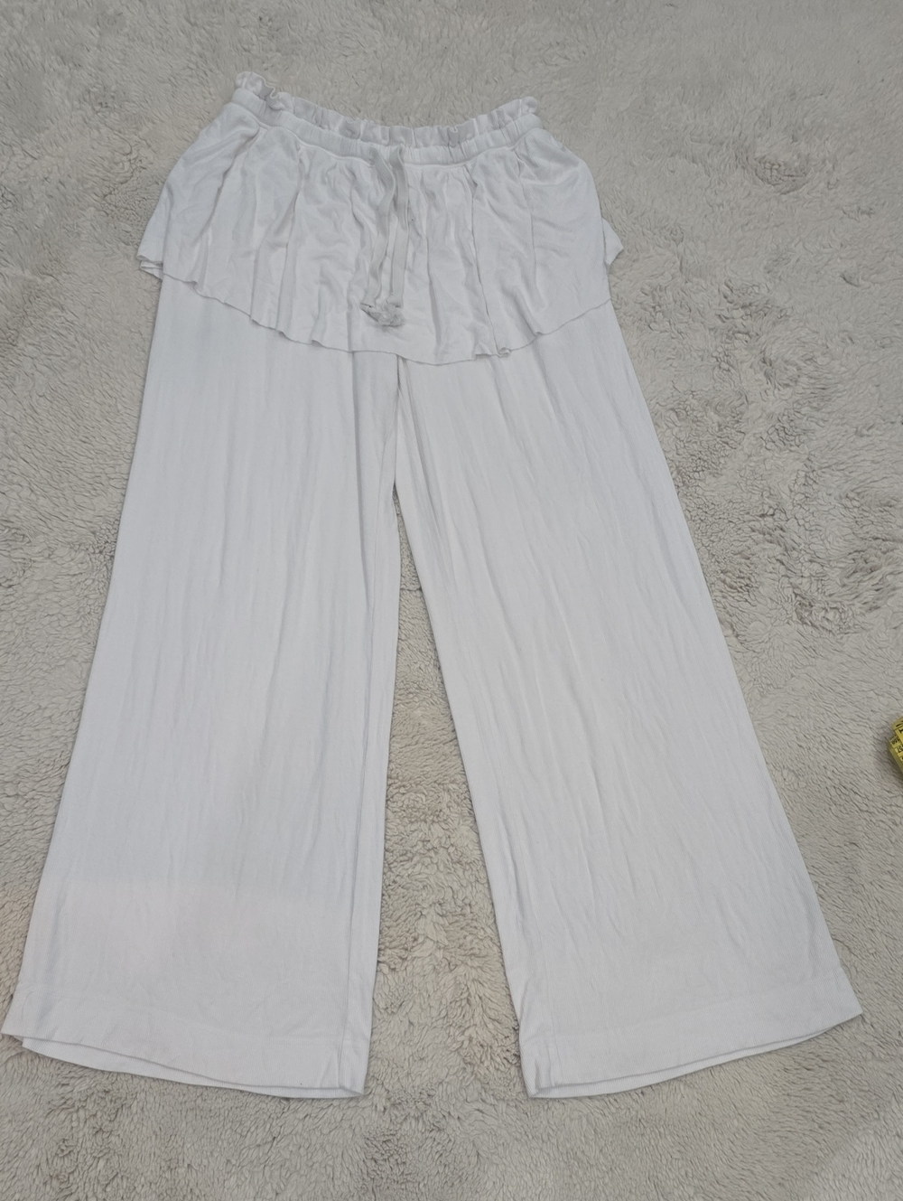 Free People White Wide-Leg Ruffle Waist Pants